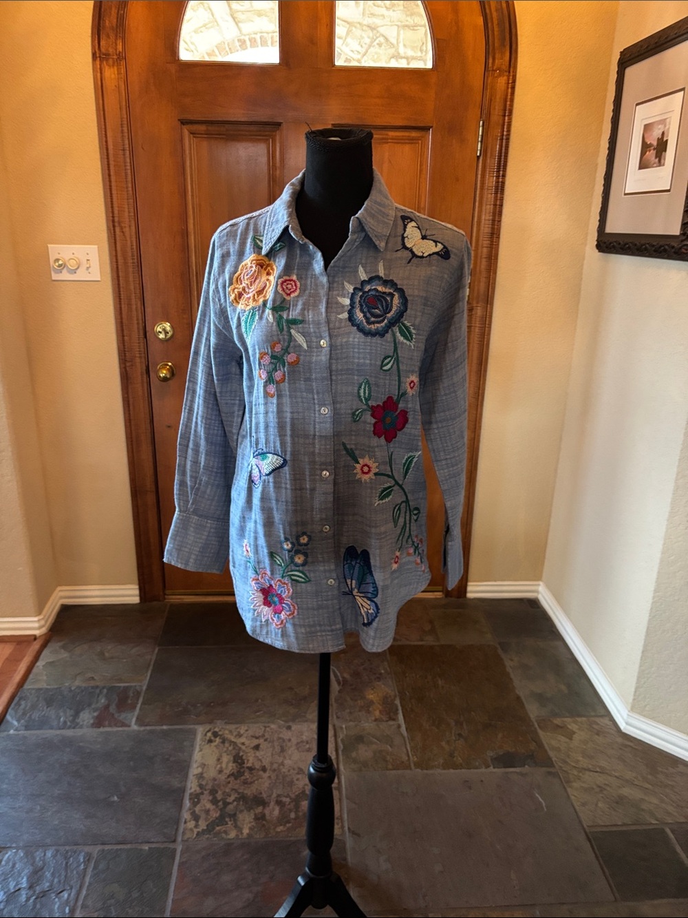 Blue Embroidered Button-Down Shirt with Floral & Butterfly Motif